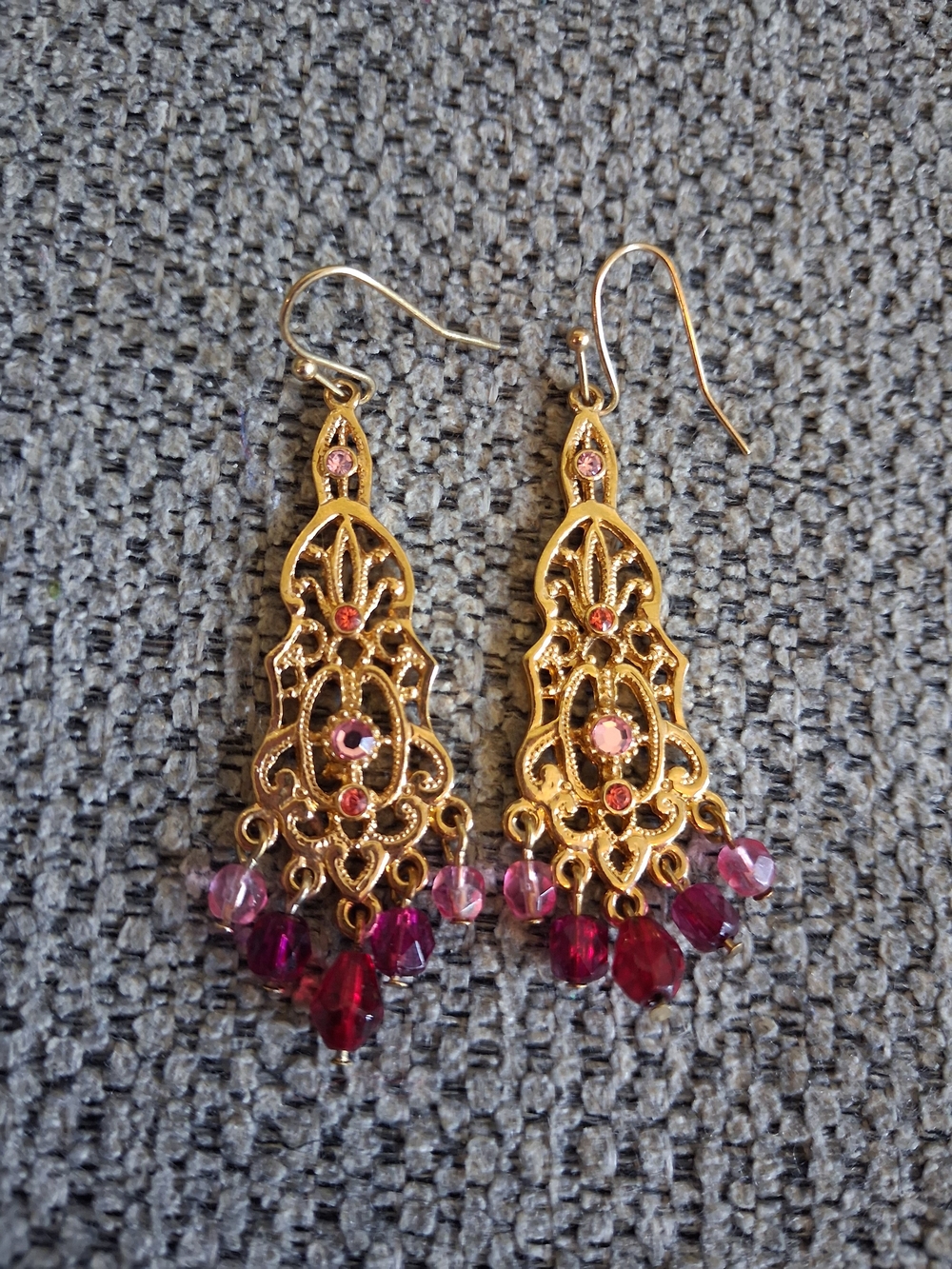 Gold-Tone Filigree Drop Earrings with Pink and Burgundy Beads